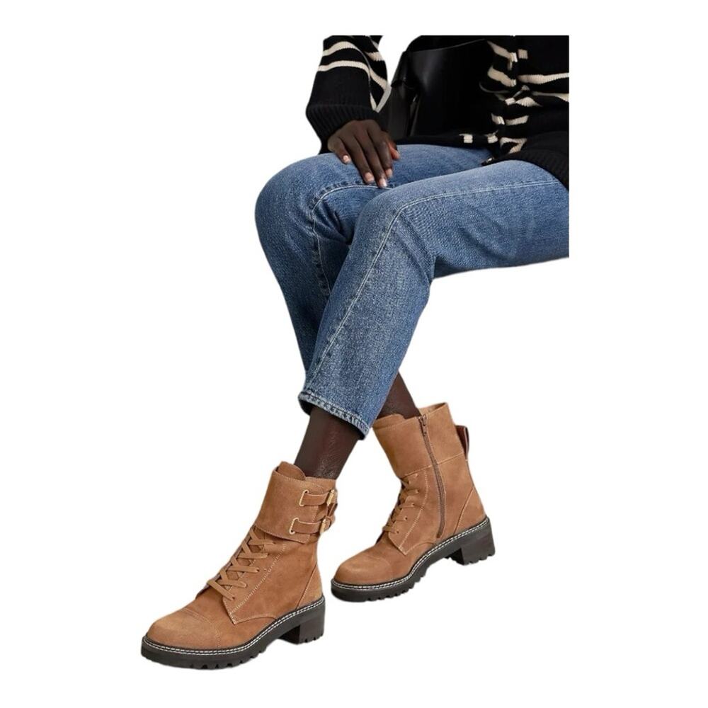 See By Chloe Mallory Leather Buckle-Cuff Moto Combat Boots Suede 39.